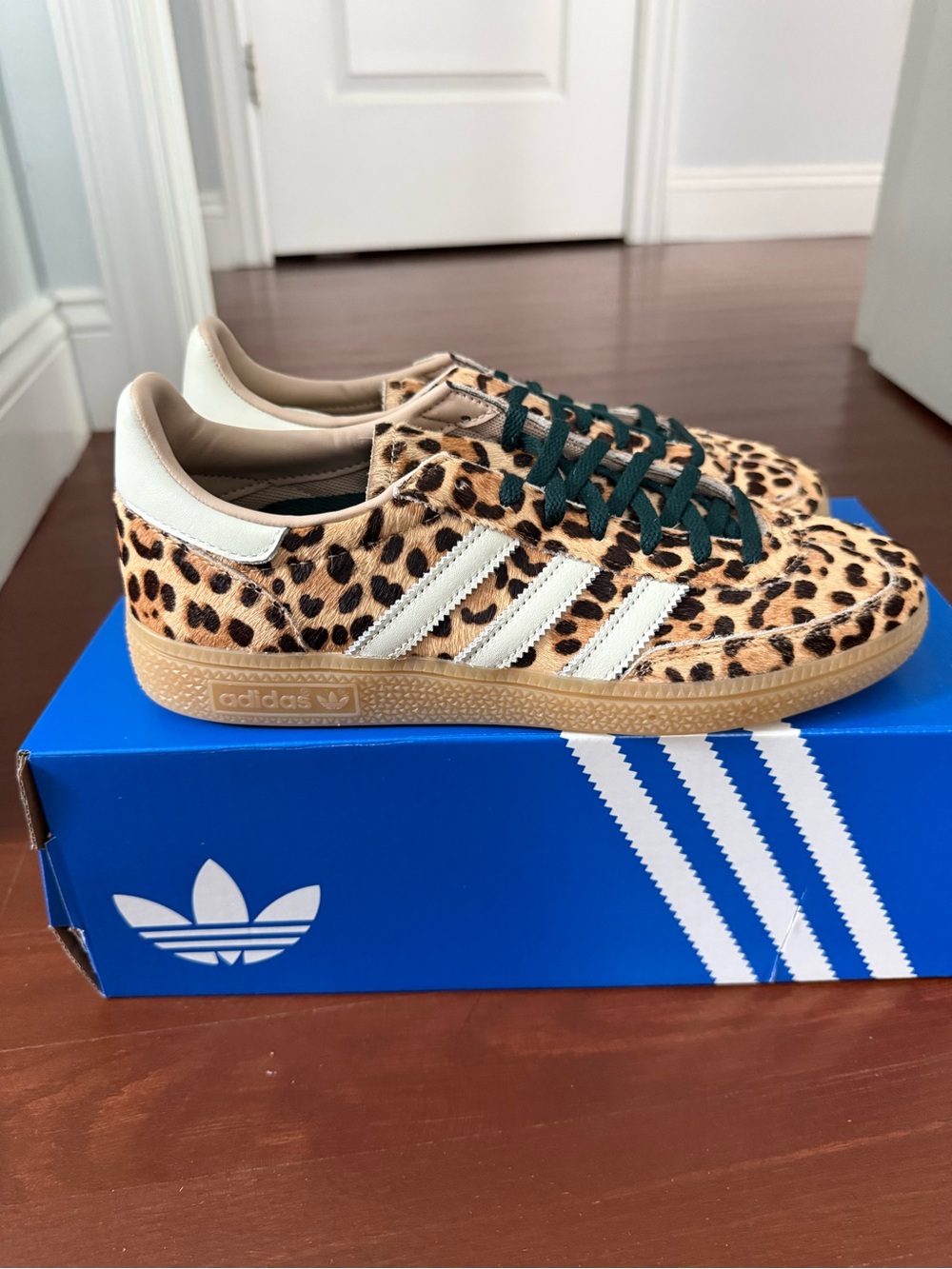 adidas Leopard Print Sneakers with White Stripes and Gum Sole - Picture 2 of 6